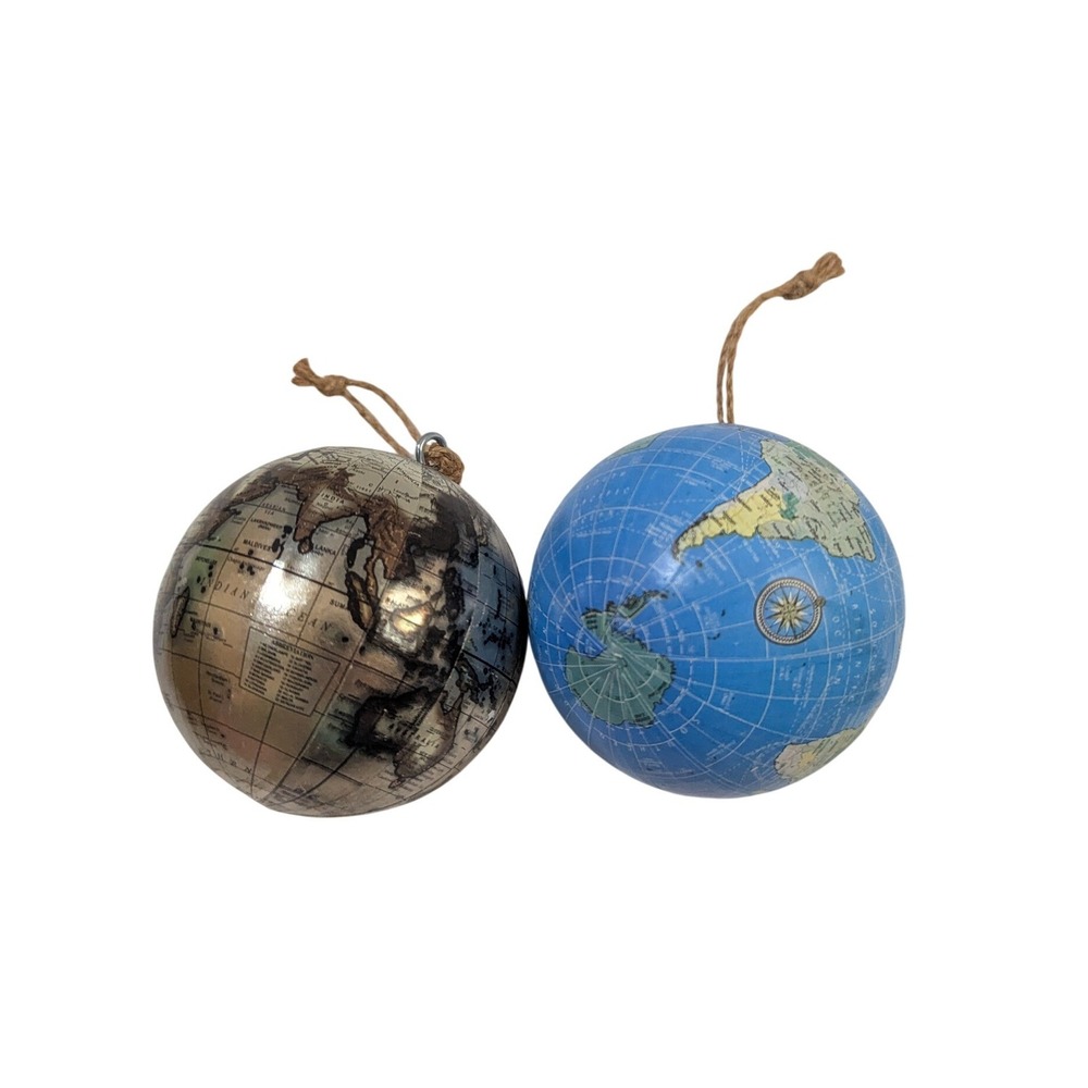 World Globe Christmas Ornaments Set of 2 Blue Silver Map Travel Decor 3 Inch